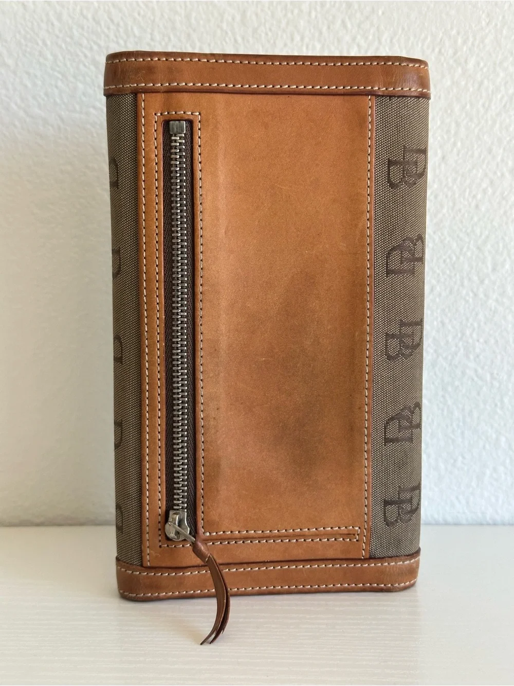 Dooney and Bourke Pattern Vintage Brown Canvas & Tan Leather Clutch Wallet